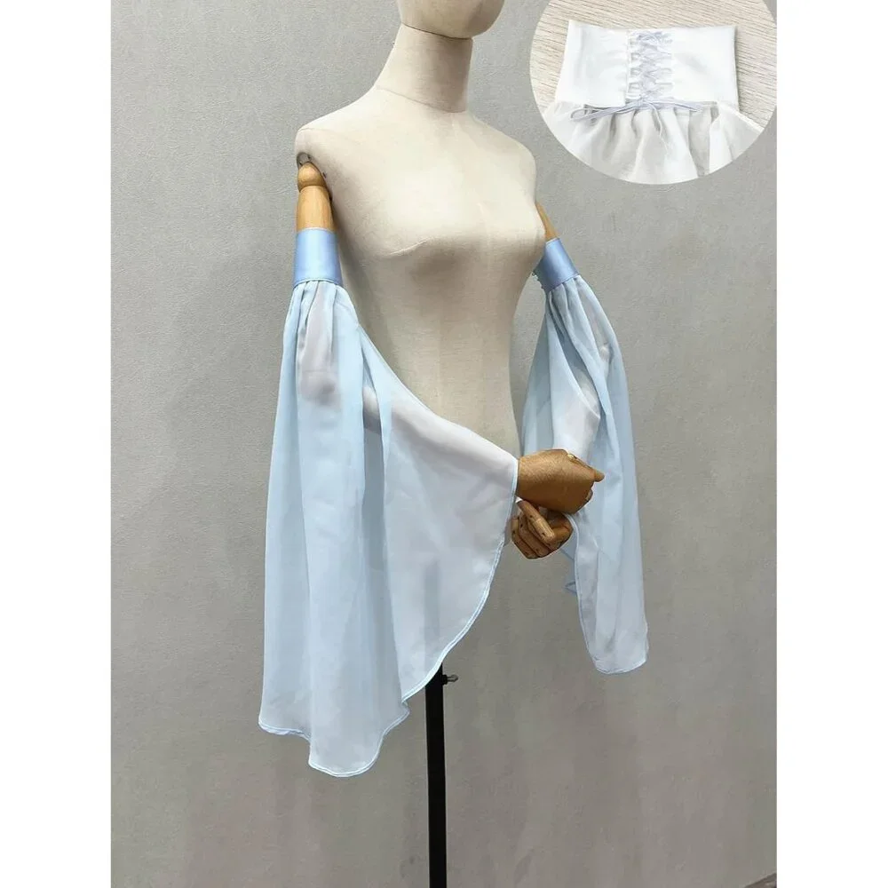 Women's Light Blue Chiffon Lace Detachable Covers Sleeves Gloves Party Prom - Picture 2 of 3